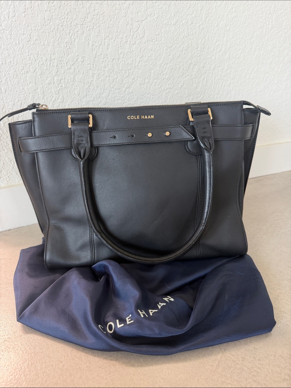 Cole Haan Black Leather Tote with Gold Hardware